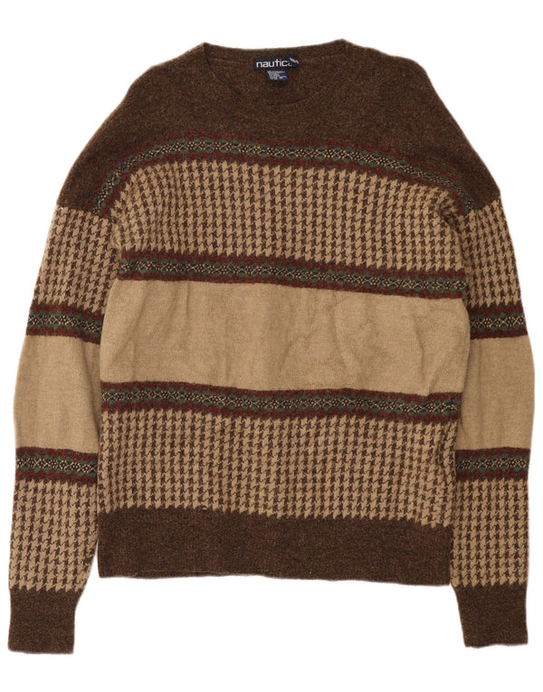 Nautica Mens Crew Neck Jumper Sweater XL Brown Colourblock Wool