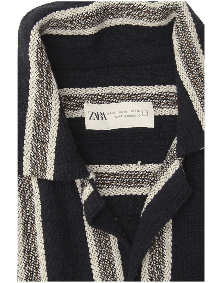 Zara Mens Short Sleeve Shirt Small Navy Blue Striped Cotton