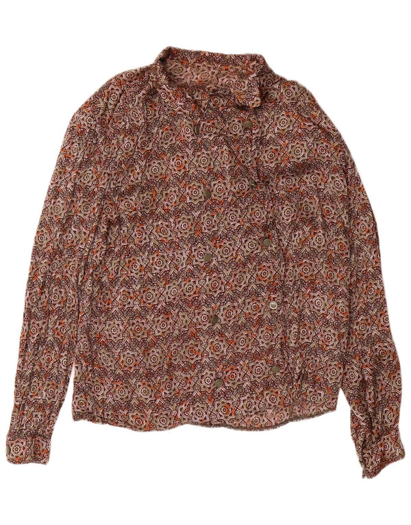 Vintage Womens Double Breasted Shirt Blouse UK 16 Large Brown Geometric