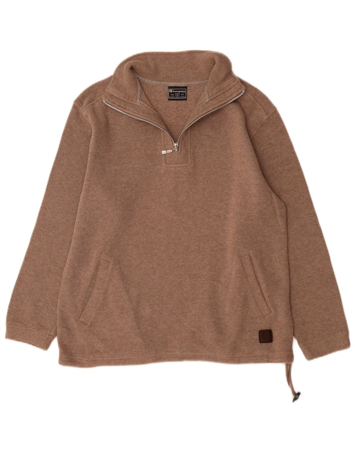 Champion Womens Zip Neck Sweatshirt Jumper UK 14 Medium Brown Cotton