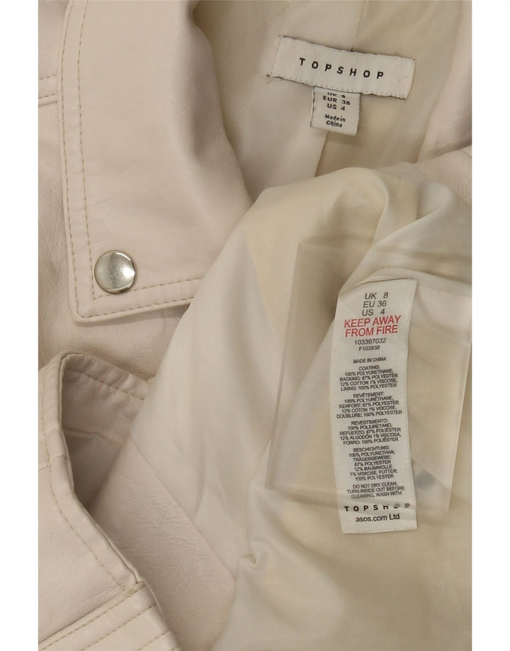 Topshop Womens Faux Leather Biker Jacket UK 8 Small Off White Polyurethane