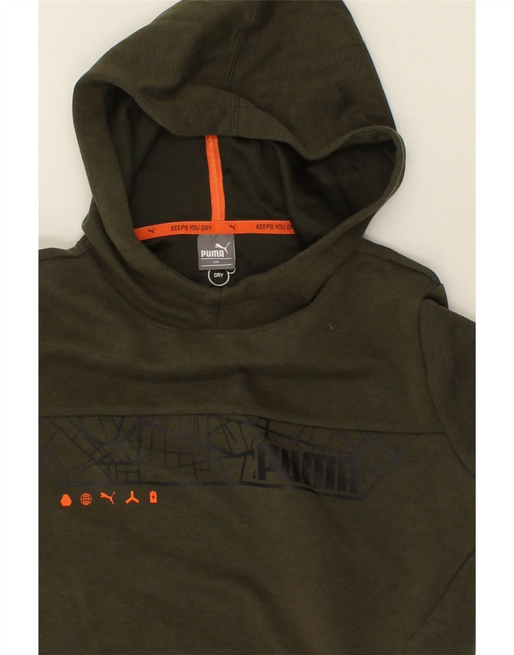 PUMA Boys Graphic Hoodie Jumper 11-12 Years Khaki Polyester Vintage Puma and Second-Hand Puma from Messina Hembry 