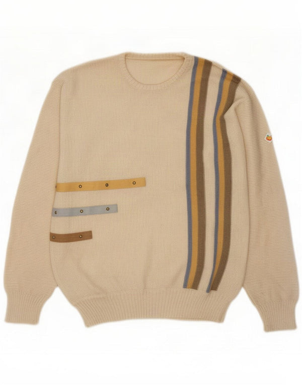 Suéter vintage masculino com gola redonda listrado bege médio