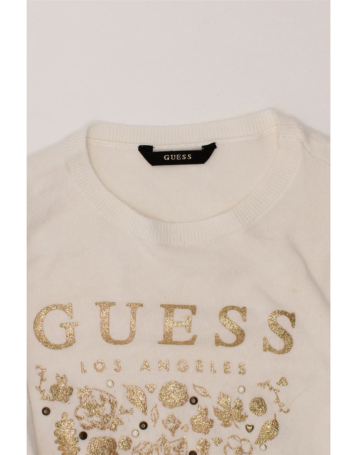 GUESS Girls Graphic Boat Neck Jumper Sweater 6-7 Years Off White Cotton Vintage Guess and Second-Hand Guess from Messina Hembry 