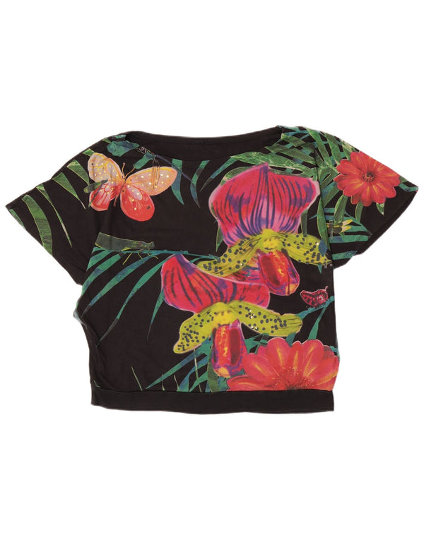 Desigual Womens Graphic T-Shirt Top UK 16 Large Noir Floral Coton