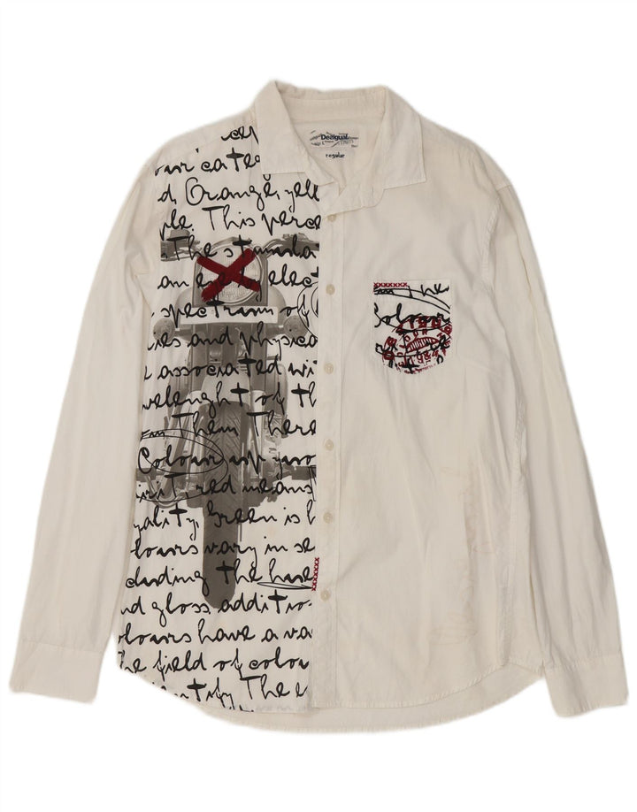 DESIGUAL Mens Graphic Regular Fit Shirt Large White Cotton