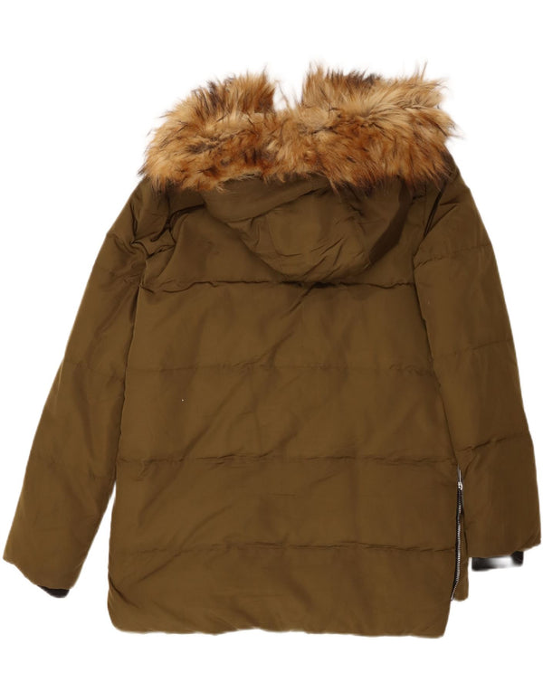 Zara Mujer Chaqueta Acolchada Con Capucha UK 10 Small Caqui Poliéster