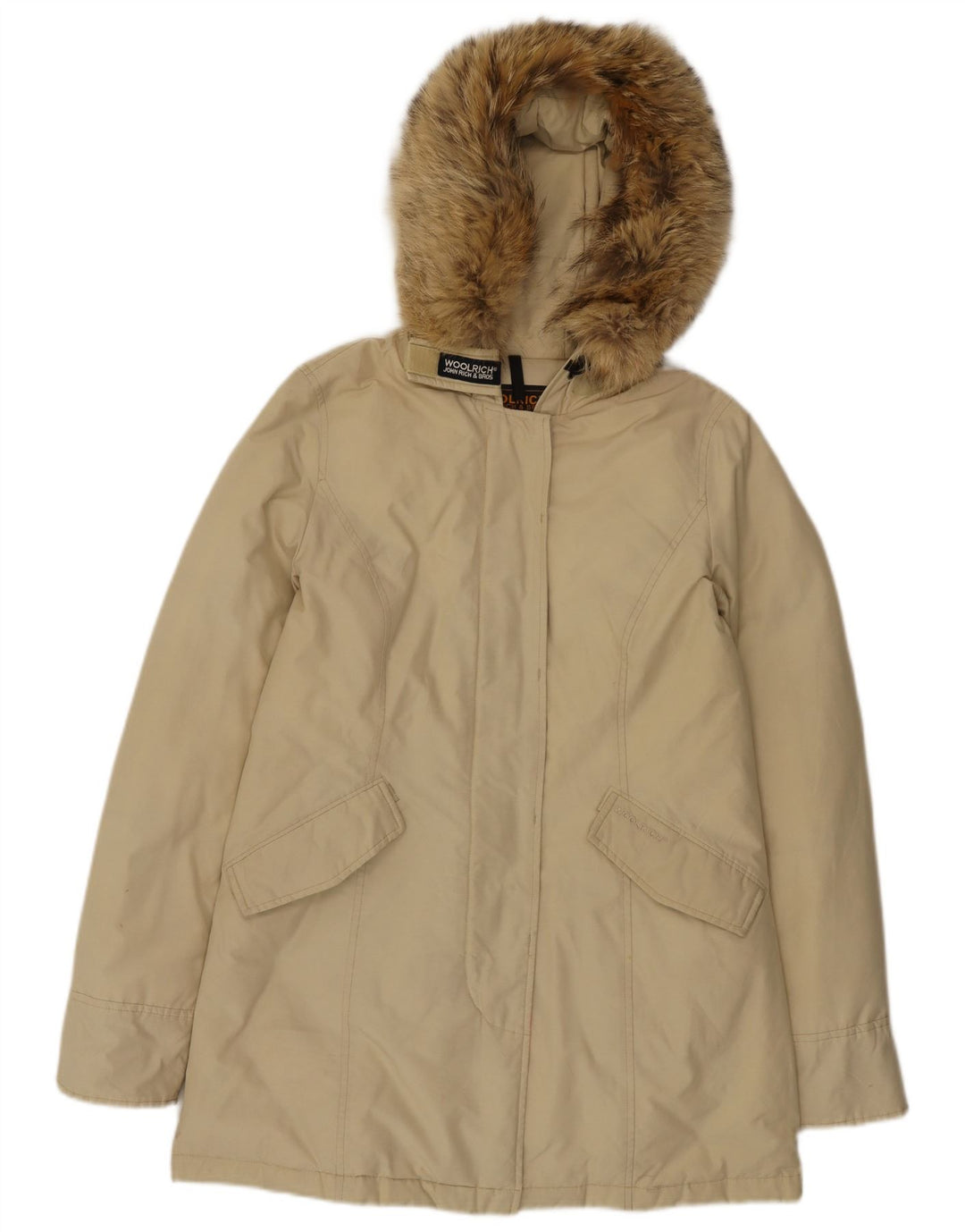 Woolrich Womens Hooded Padded Coat UK 14 Medium Beige Cotton