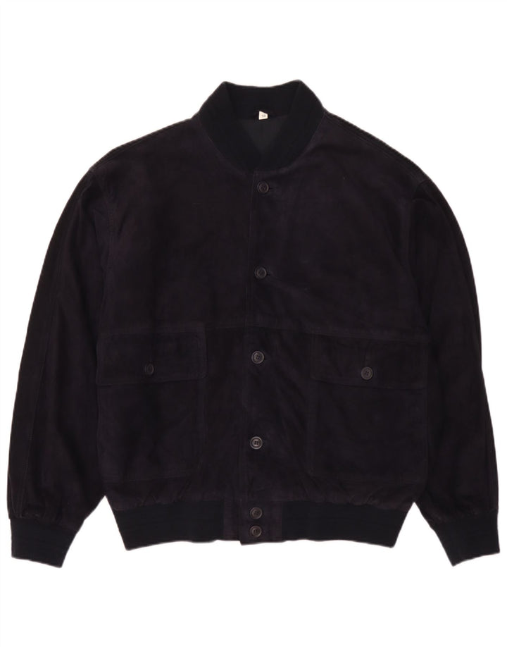 Giubbotto bomber vintage in pelle scamosciata da uomo IT 50 grande in pelle blu navy
