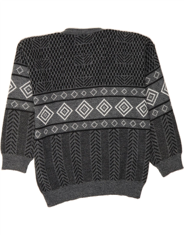 VINTAGE Mens V-Neck Jumper Sweater Medium Grey Geometric Vintage Vintage and Second-Hand Vintage from Messina Hembry 