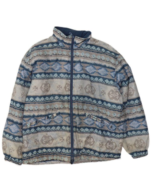 Vintage Womens Loose Fit Bomber Jacket UK 14/16 Large Blue Geometric Retro