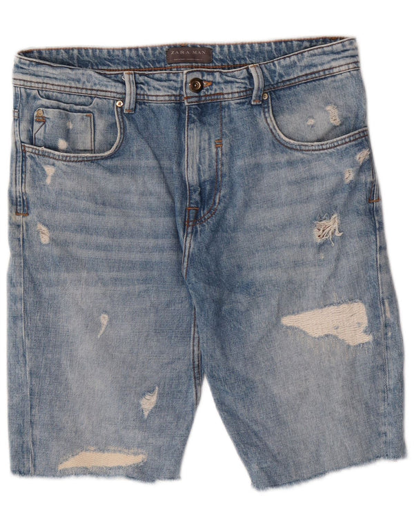 Zara Herre Distressed Denim Shorts EU 42 Large W32 Blue