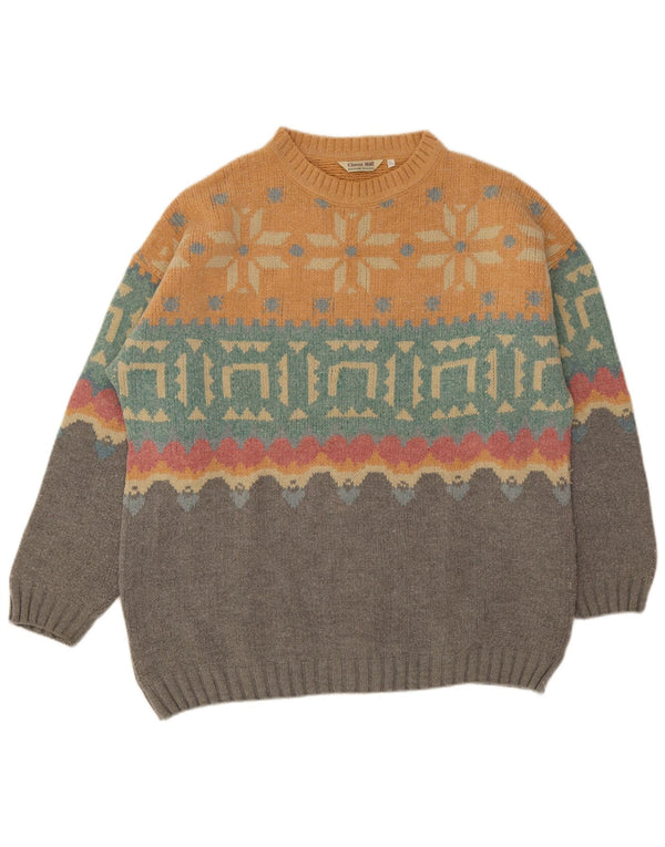 vintage Mens Crew Neck Jumper Pull XL Multicolore Fair Isle Wool