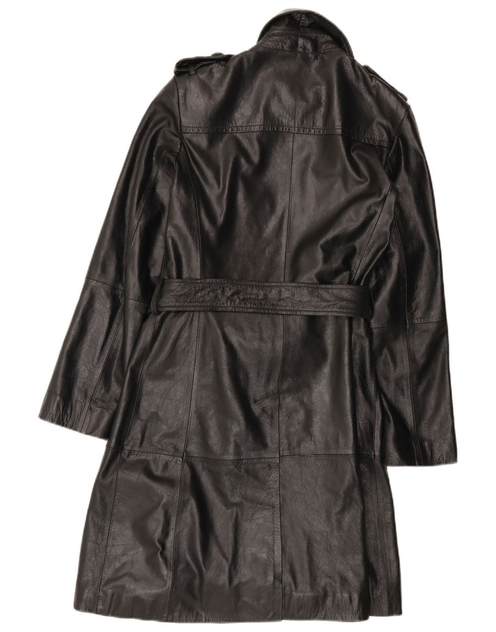Zara Womens Military Leather Coat UK 10 Small Black Leather