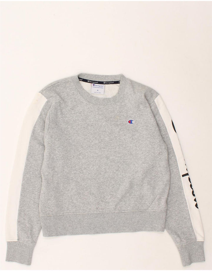 CHAMPION Womens Graphic Crop Sweatshirt Jumper UK 14 Medium Grey | Vintage Champion | Thrift | Second-Hand Champion | Used Clothing | Messina Hembry 