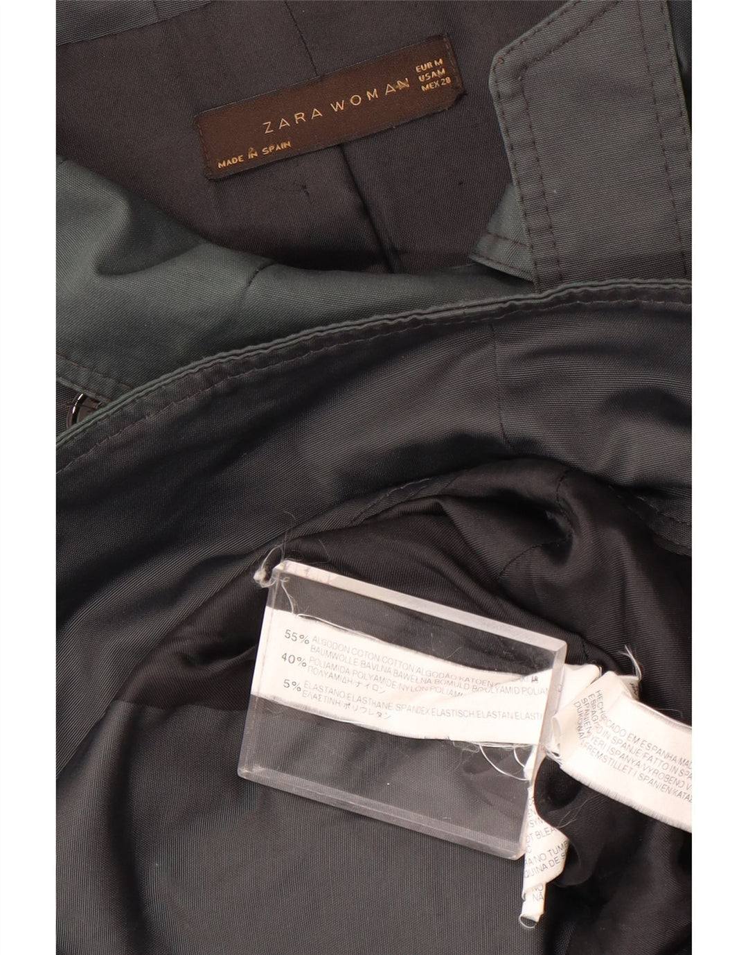 Zara Damen Kurzer zweireihiger Trenchcoat UK 14 Mittelgraue Baumwolle