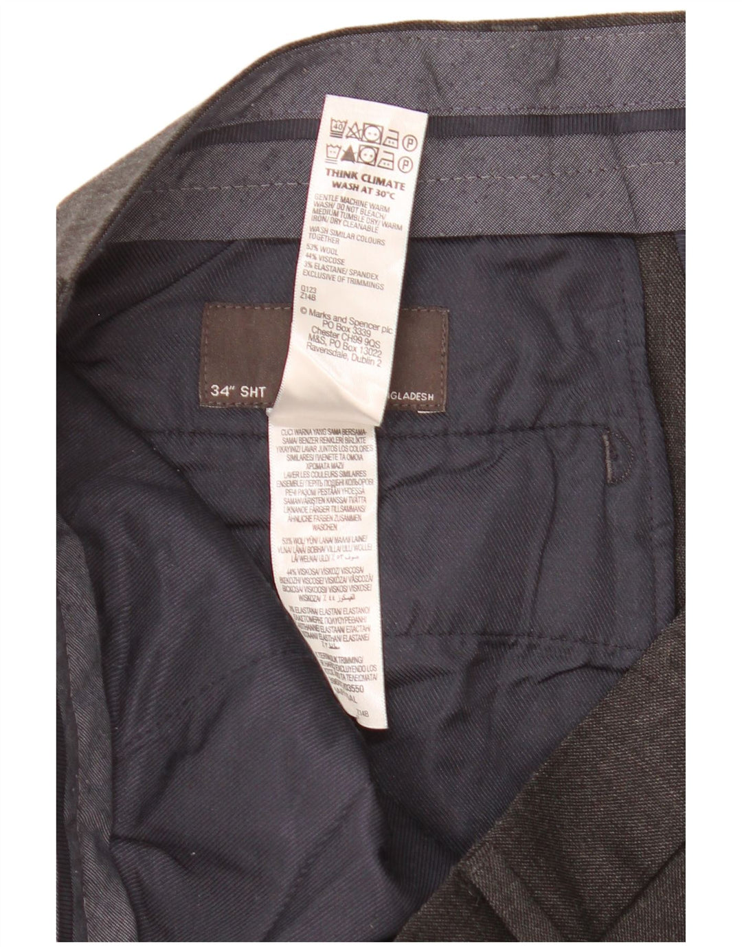 Pantaloni da abito dritti corti Marks & Spencer da uomo W34 L25 lana grigia
