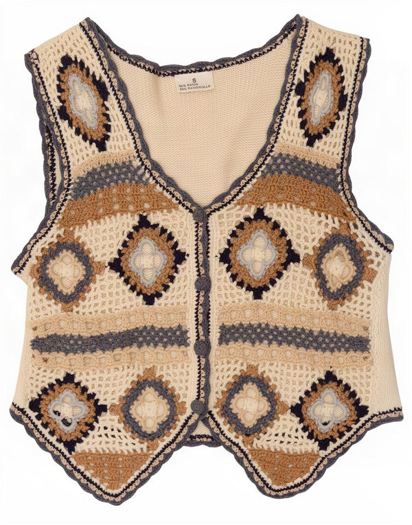 Vestă vintage pentru femei din croșetat UK 10 mic, alb, geometric, ramie