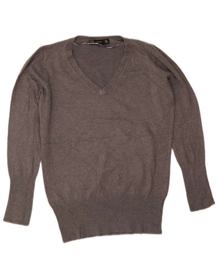 Zara Womens V-Neck Jumper Sweater UK 16 Large Grey Rayon