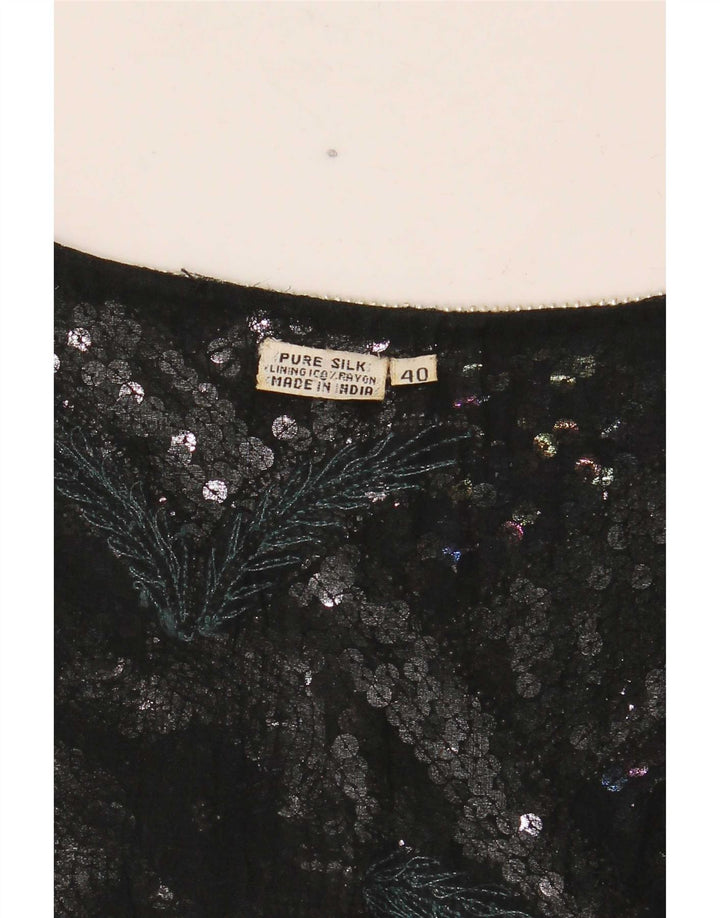 Vintage Kvinders Crop Grafisk Bluse Top EU 40 Medium Sort Stribet Silke