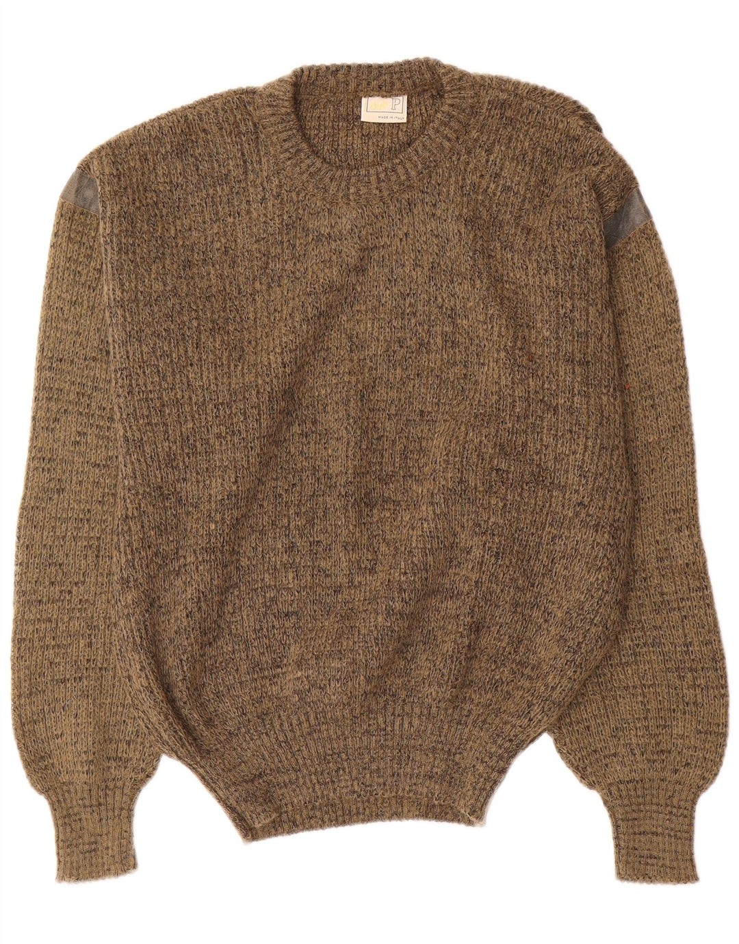 vintage Mens Crew Neck Jumper Pull Moyen Kaki Moucheté