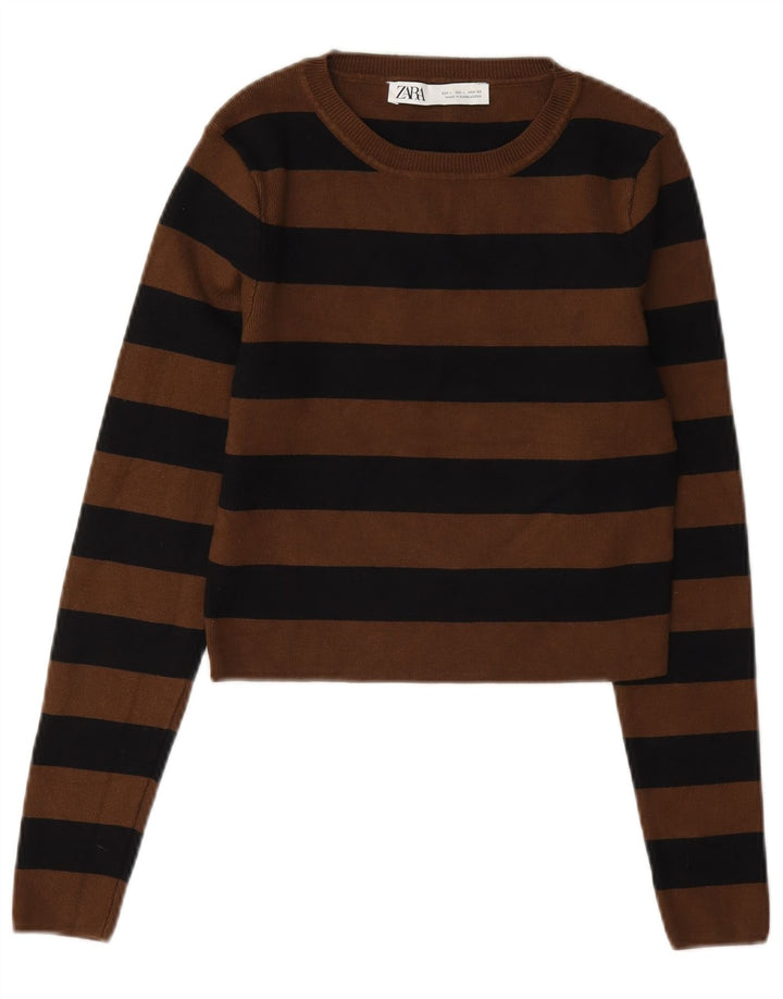 Zara Womens Crop Blouse Top UK 14 Large Brown Striped