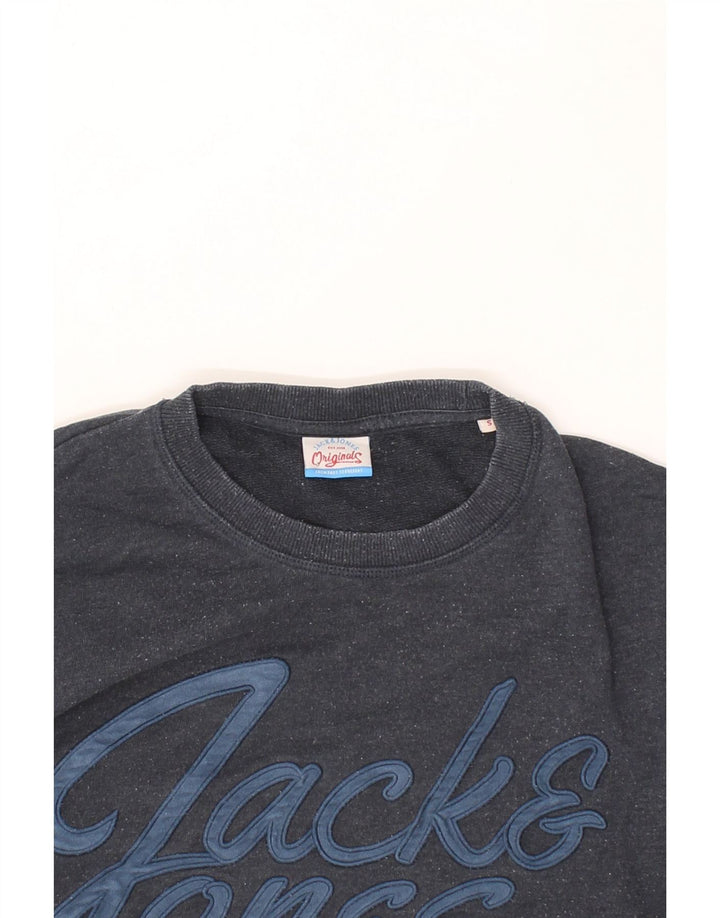 JACK & JONES Mens Graphic Sweatshirt Jumper Small Navy Blue Cotton Vintage Jack & Jones and Second-Hand Jack & Jones from Messina Hembry 