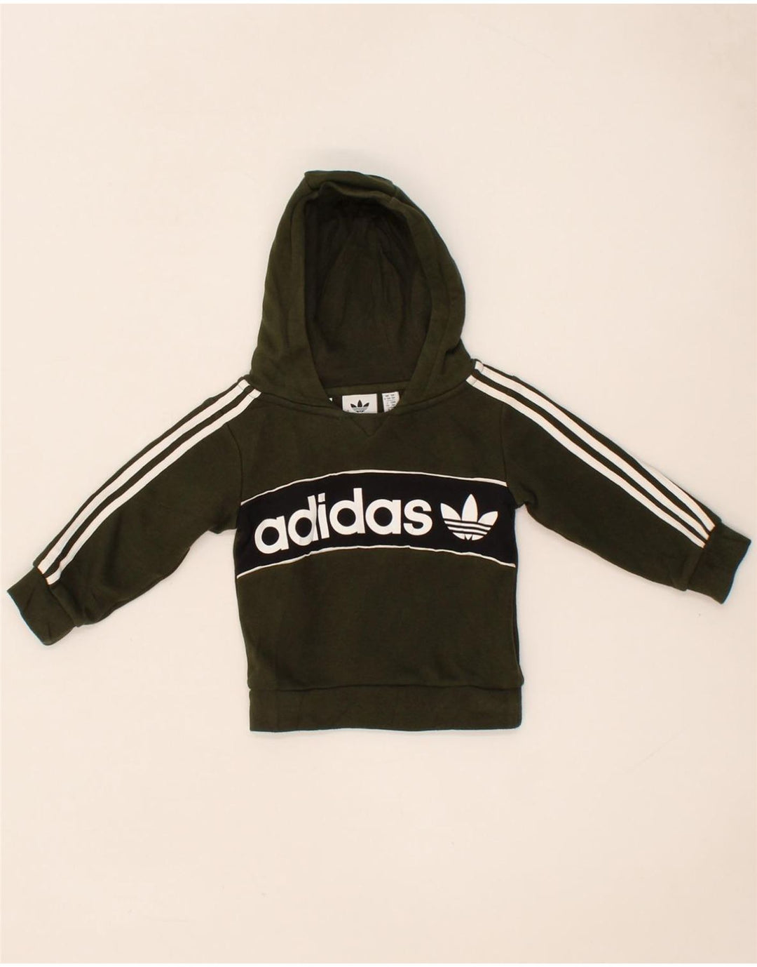 ADIDAS Baby Boys Graphic Hoodie Jumper 6-9 Months Khaki Cotton Vintage Adidas and Second-Hand Adidas from Messina Hembry 