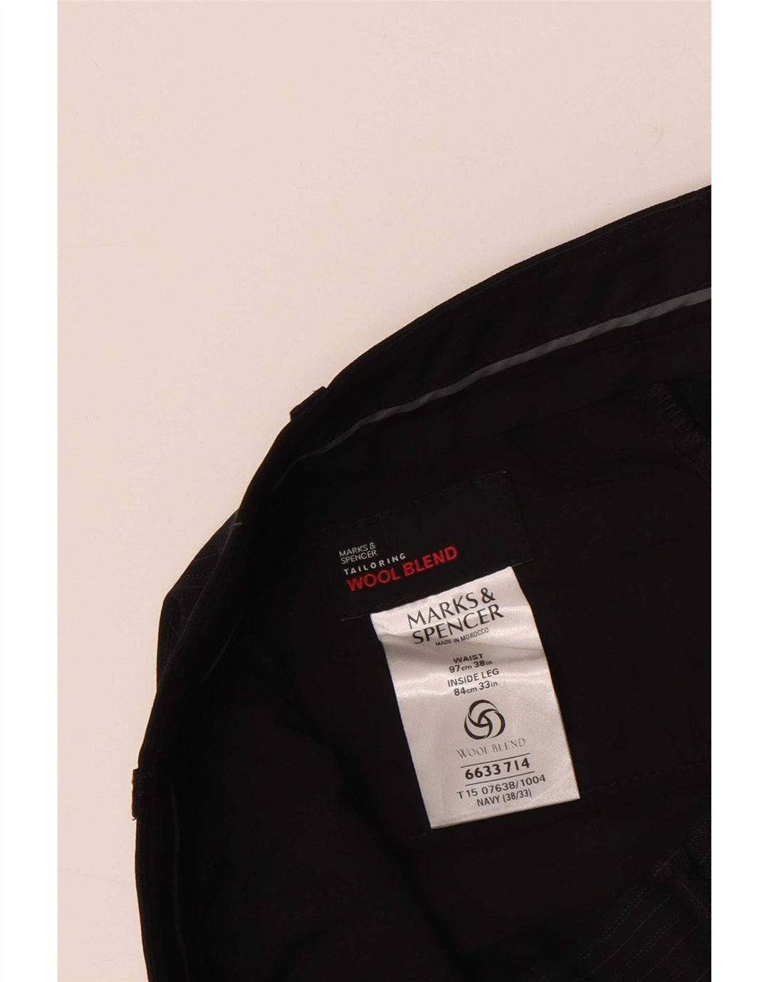 Calça de terno masculino Marks & Spencer W38 L33 poliéster listrado azul marinho