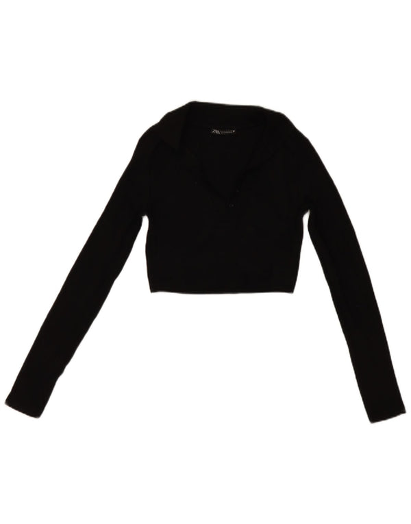 Zara Womens Long Sleeve Crop Polo Shirt UK 8 Small Black Cotton