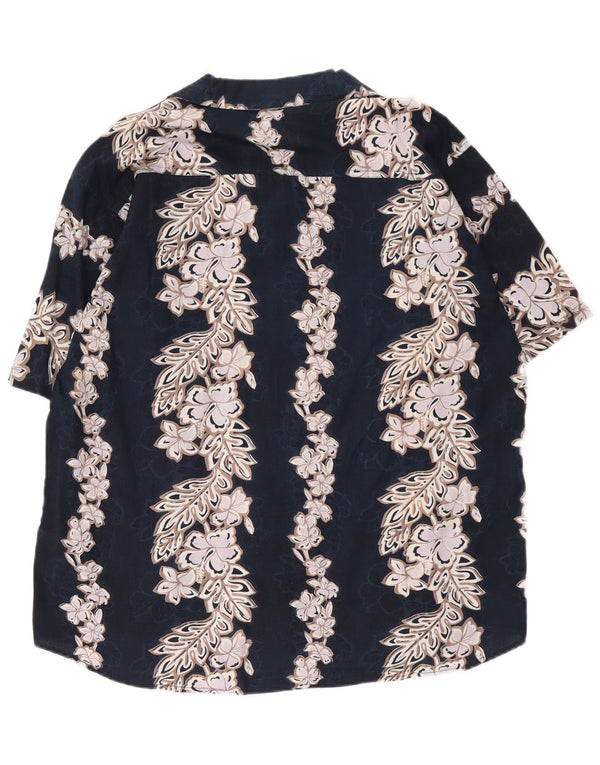 Vintage Mens Short Sleeve Shirt Large Navy Blue Floral Cotton