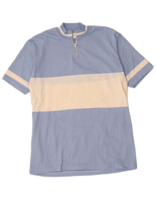 vintage Mens Zip Neck T-Shirt Top 2XL Bleu Colorblock Laine