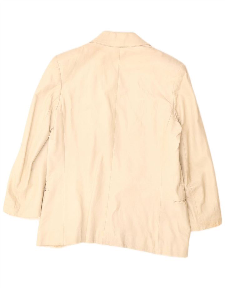 Giacca blazer in pelle doppio petto vintage da donna UK 12 beige medio