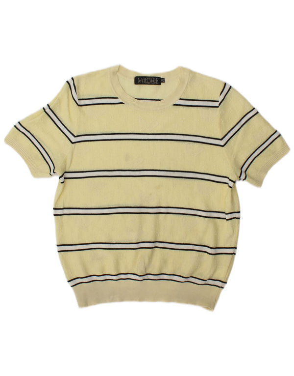 vintage Womens Crew Neck Jumper Pull UK 14 Moyen Jaune Rayé