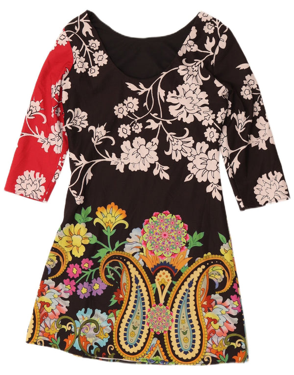 Desigual Womens 3/4 Sleeve A-Line Dress EU 36 Small Black Floral Polyester