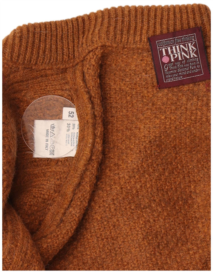 Think Pink Mens Crew Neck Jumper Sweater IT 52 Large Brown Acrylic
