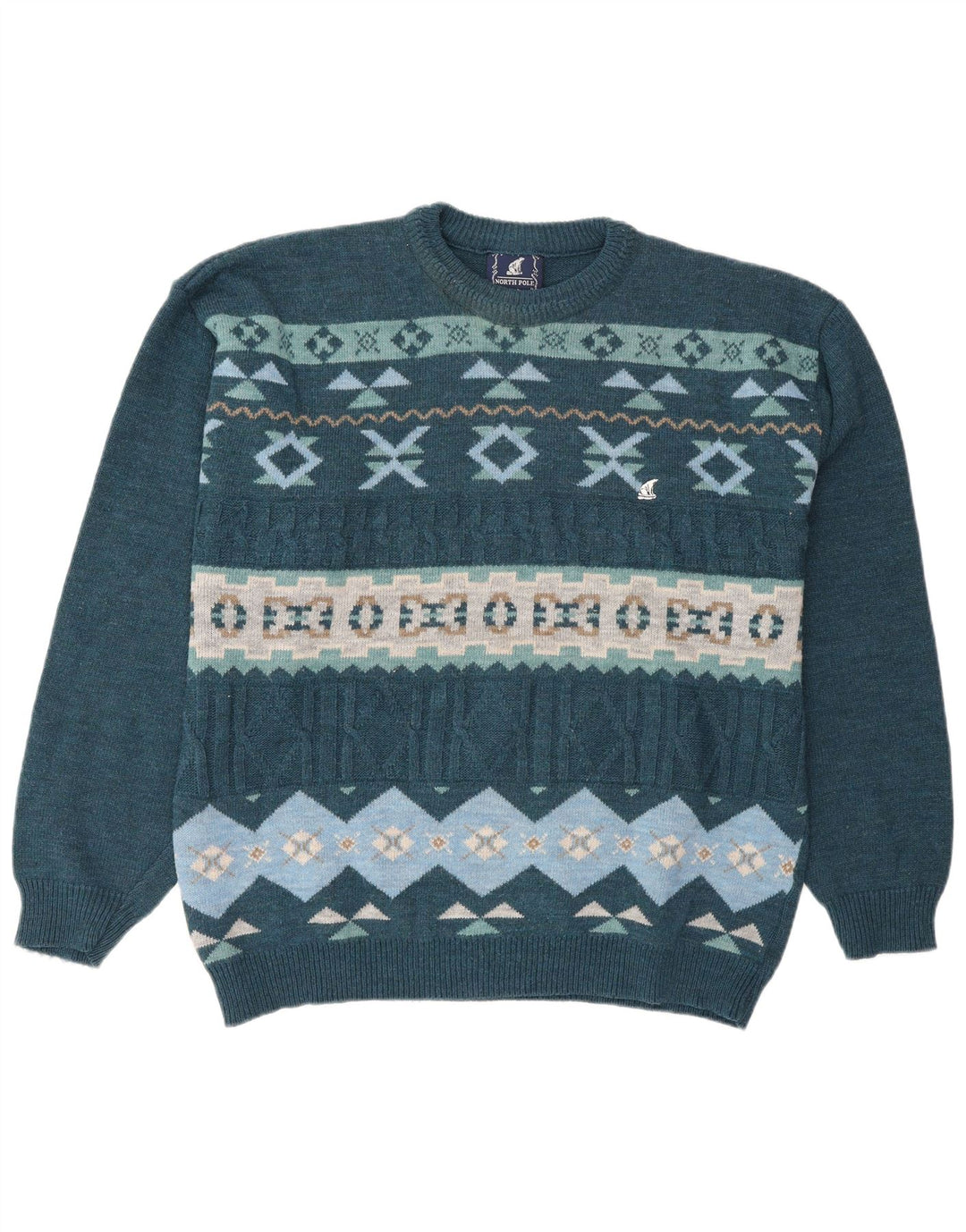 North Pole Mens Crew Neck Jumper Sweater XL Blue Fair Isle Wool