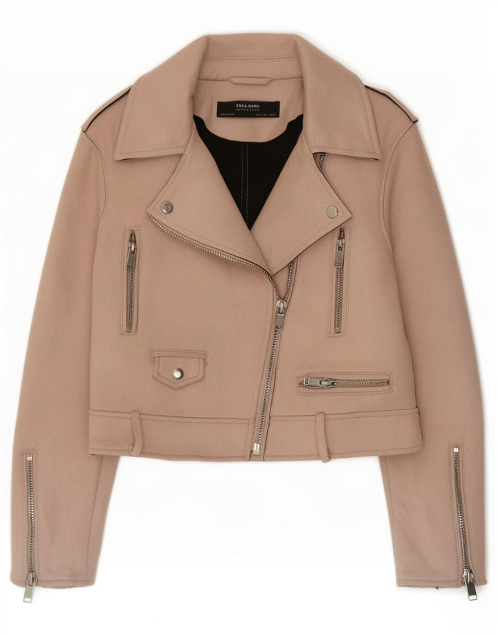 Zara Mujer Crop Biker Jacket UK 40 Grande Poliéster Rosa