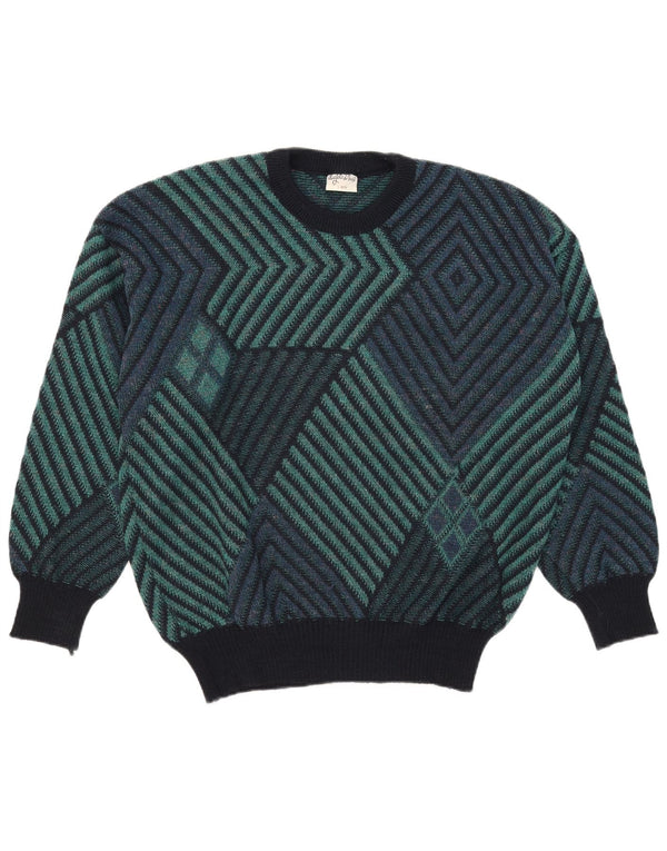 Maglione girocollo da uomo vintage IT 52/54 Grande verde geometrico