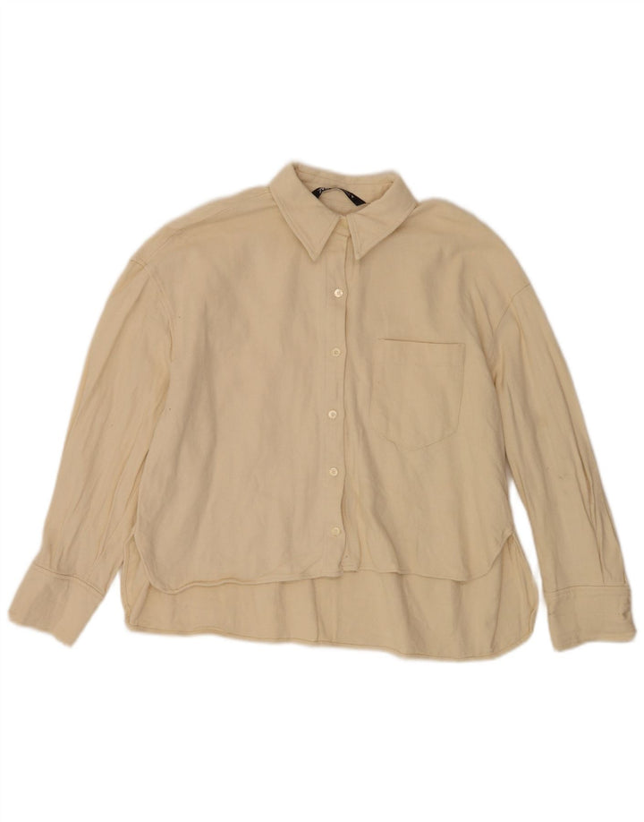 Zara Dame Overshirt Shirt UK 10 Small Beige Bomuld