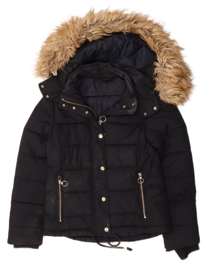Topshop Womens Hooded Padded Jacket UK 8 Small Navy Blue Polyester