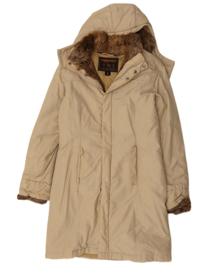 Woolrich Womens Hooded Padded Coat UK 12 Medium Beige Cotton