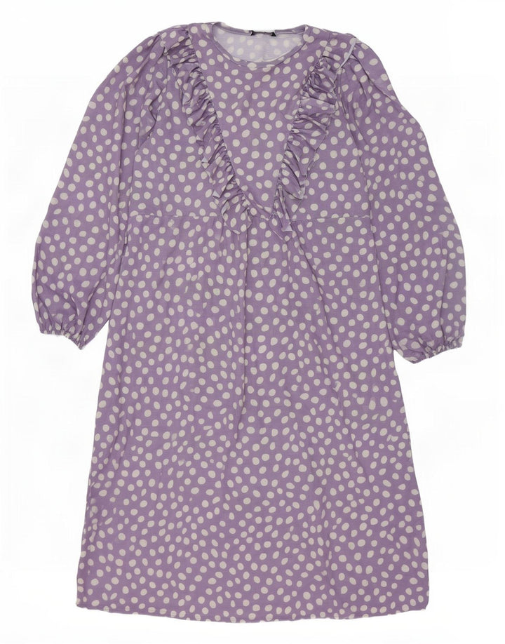 Zara Dame Oversized Ruffle Front Maxi Dress UK 10 Small Purple Spotted