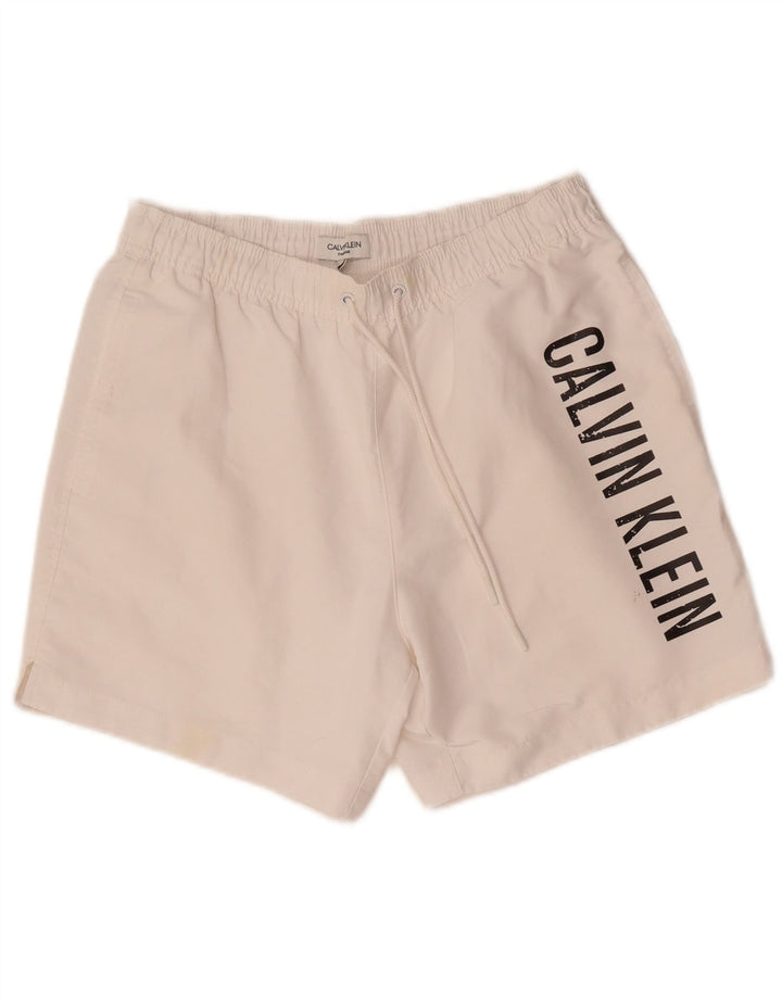 Pantaloncini da bagno grafici da uomo Calvin Klein piccoli in poliestere bianco