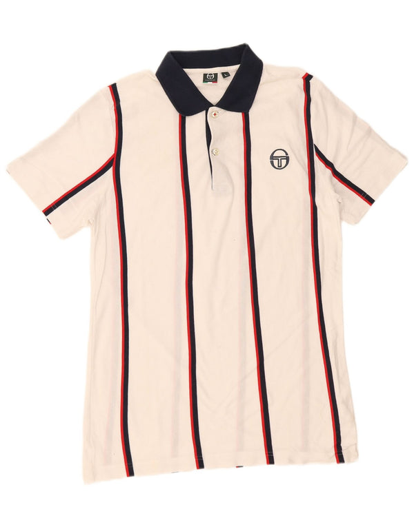 Sergio Tacchini Mens Rugby Polo Shirt Large White Striped Cotton