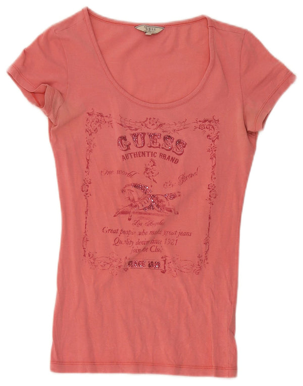 Guess Damen Grafik-T-Shirt-Oberteil UK 4 XS Rosa Baumwolle