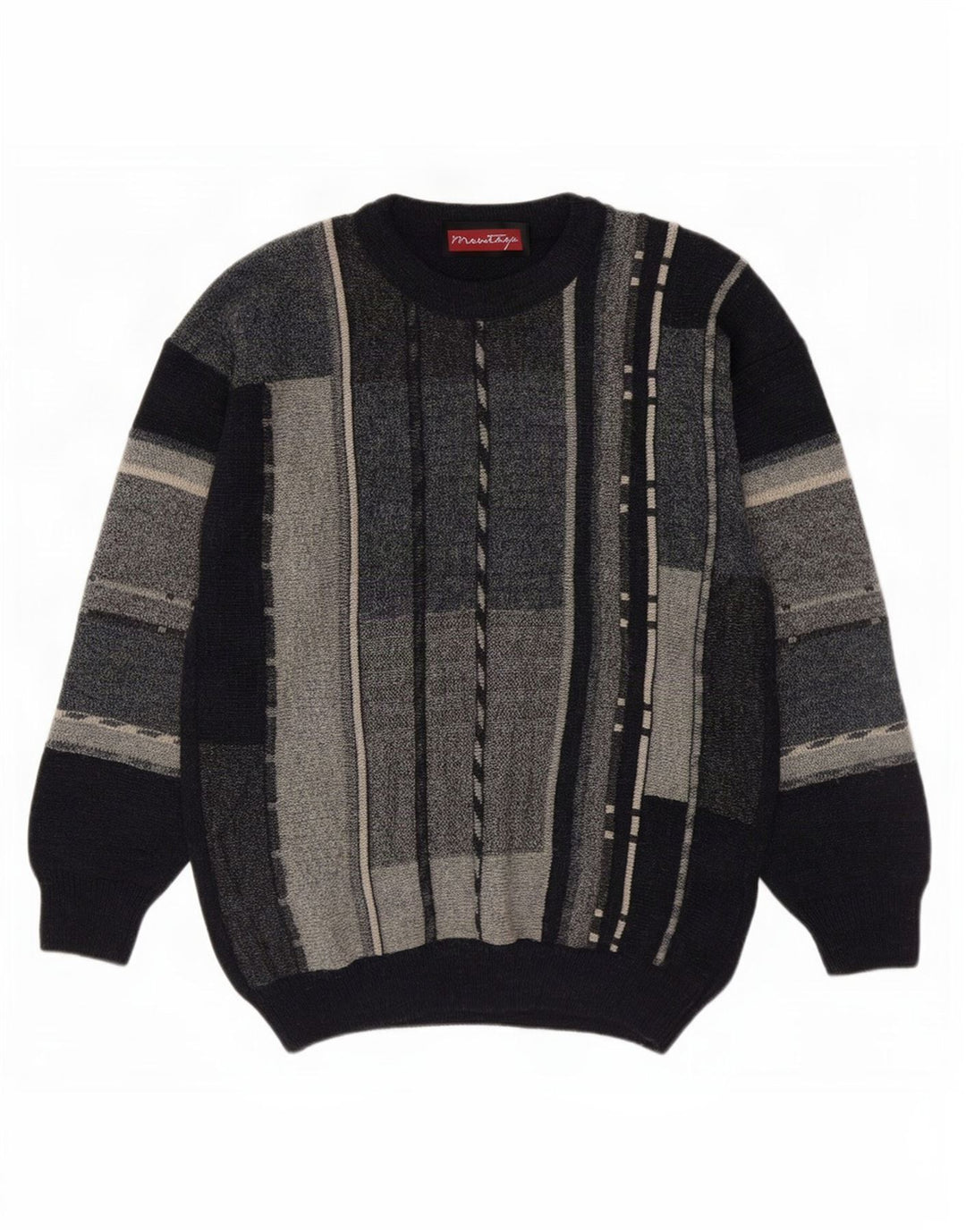 Vintage Mens Crew Neck Jumper Sweater Medium Navy Blue Colourblock Acrylic