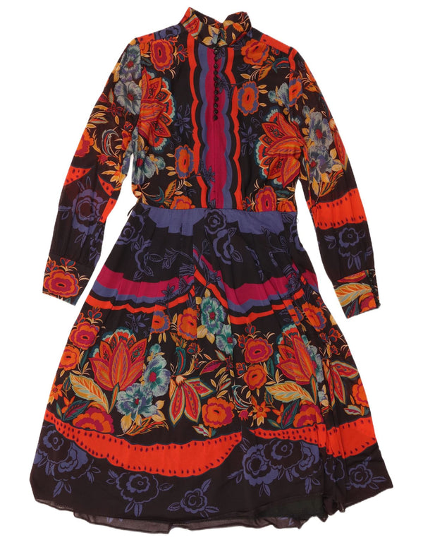 Rochie maxi vintage cu mânecă lungă pentru femei UK 16 mare, negru, acetat floral