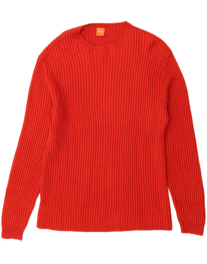 HUGO BOSS Mens Crew Neck Jumper Sweater Large Red Wool