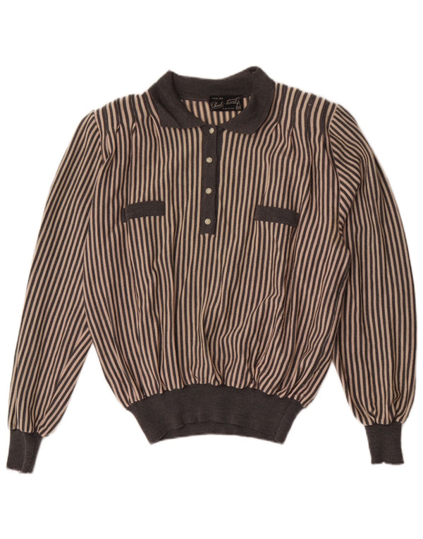 Vintage Womens Polo Neck Jumper Sweater UK 16 Large Grey Striped Wool